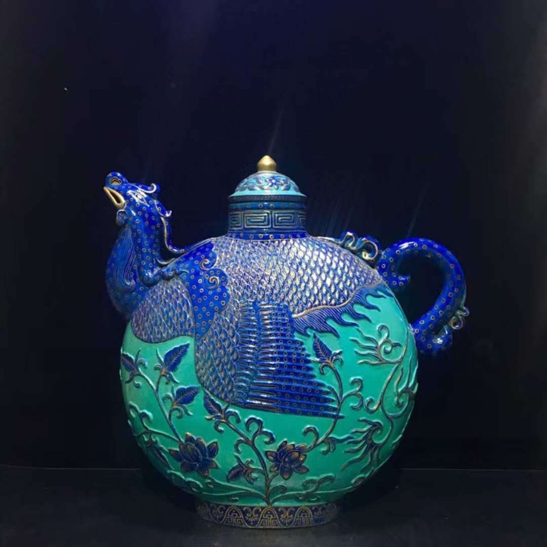 磁器 清 乾隆 緑鈞釉 描金 浮彫 鳳紋 鶏頭壷 賞瓶 賞物 極上 館蔵大