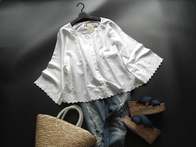 未使用タグ付きサマンサモスモスSM2コットンフレアスリーブブラウス白M