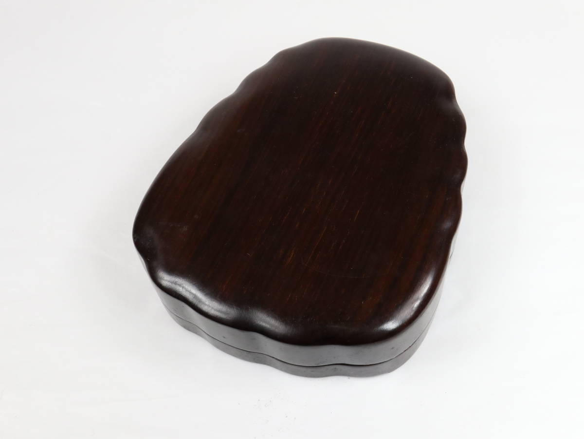 時代 古端渓雲紋硯 眼付き 唐木箱付 14.2x11.5x2.2cm(硯本体） 文房具