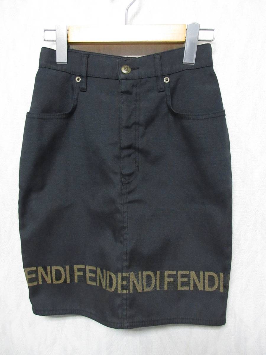 美品 フェンディ FENDI jeans タイトスカート ロゴ 黒 ブラック 24 OFM1807 東4529