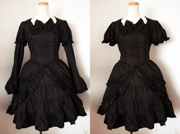 ★ワンピース＆ウィッグセット／付け袖ゴスロリワンピース・黒・ブラック・ウィッグ・カールバンス・コスプレ衣装・ゴシック・ロリータ★