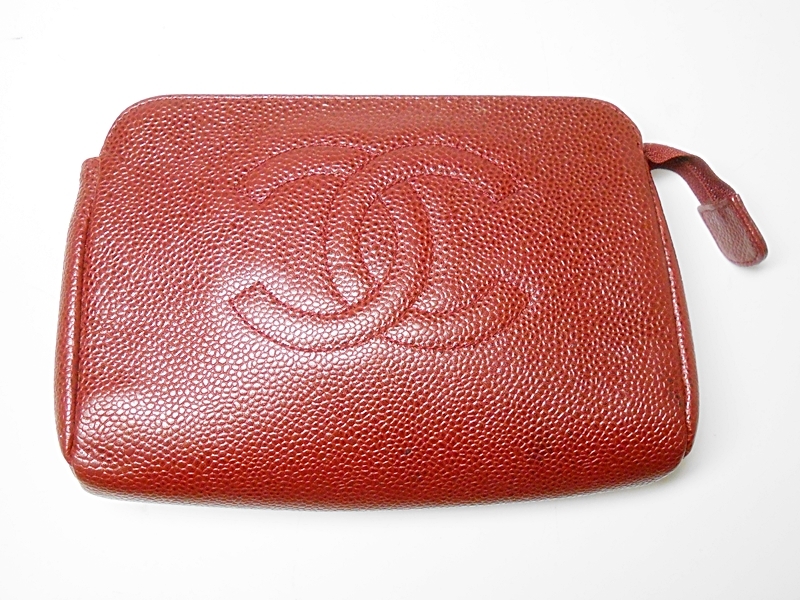 【美品】シャネル キャビアスキン ポーチ ココマーク ゴールド金具 ボルドー シャネル 【CHANEL】 CC ココマーク キャビアスキン ポーチ コスメ