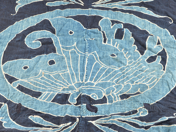 古い 木綿 筒描き 布団皮？ 古布 古道具 アンティーク 1871 筒描き 4幅 鳳凰 藍染 木綿 古布 明治〜大正 アンティーク