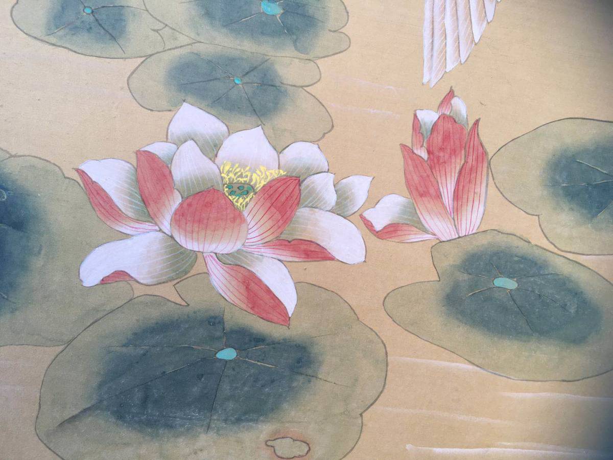 屏風 サギ 蓮の花 四曲半双 絵画□花鳥風月□肉筆 詳しく不祥