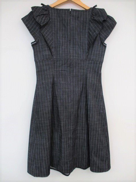 M'S GRACY ストライプワンピース 38/M相当 綿×ポリエステル チャコールグレー 日本製 ひざ丈 キャップスリーブ リボン 切替 レース縁取り