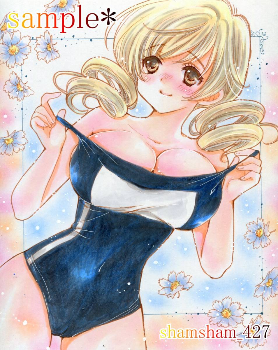 同人手描きイラスト☆魔法少女まどかマギカ☆巴マミ＜スク水＞色紙