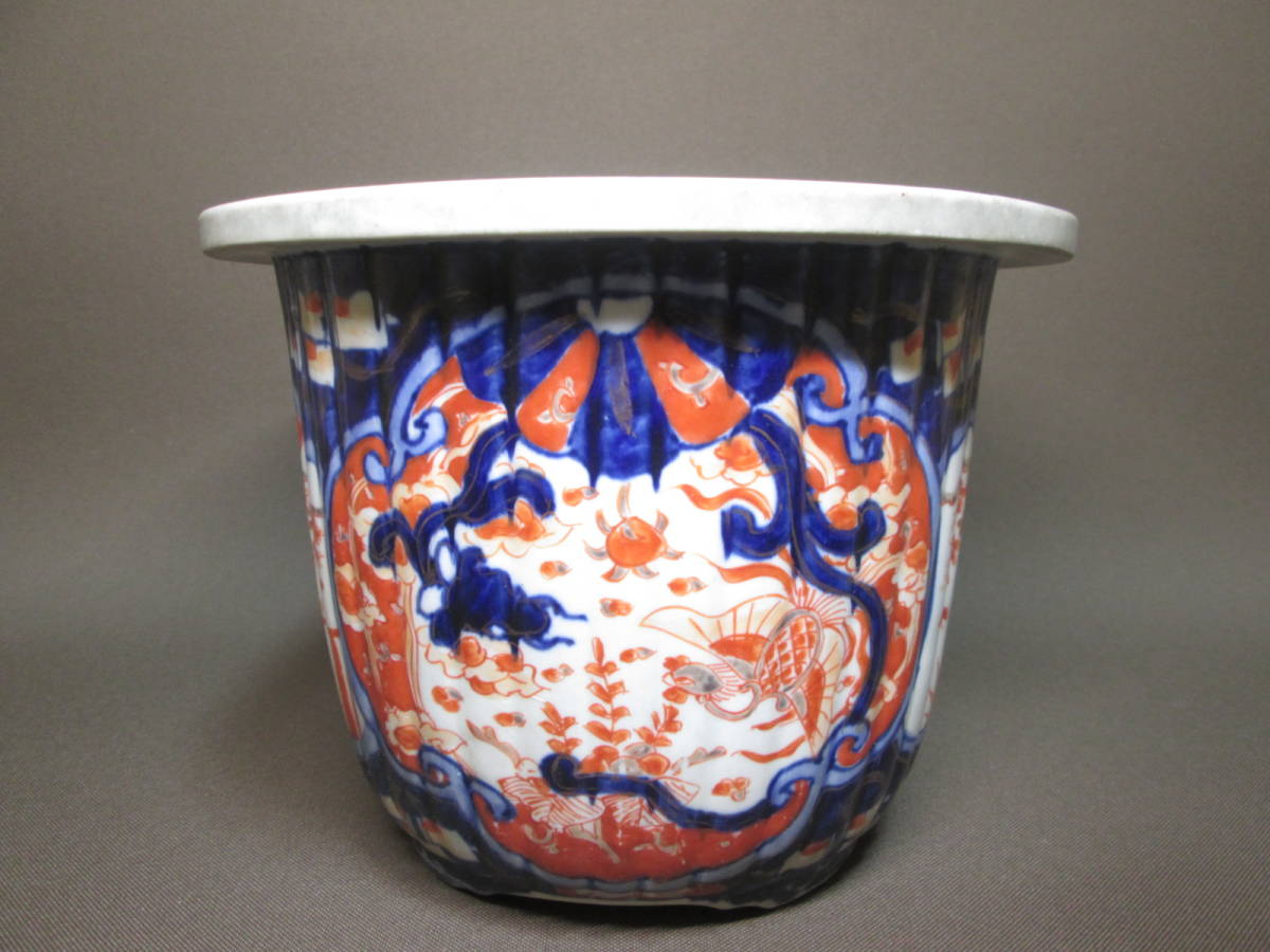 BK647 江戸中期 古伊万里 蝶竜紋様 窓絵絵花鳥図 大鉢 金魚鉢42.4