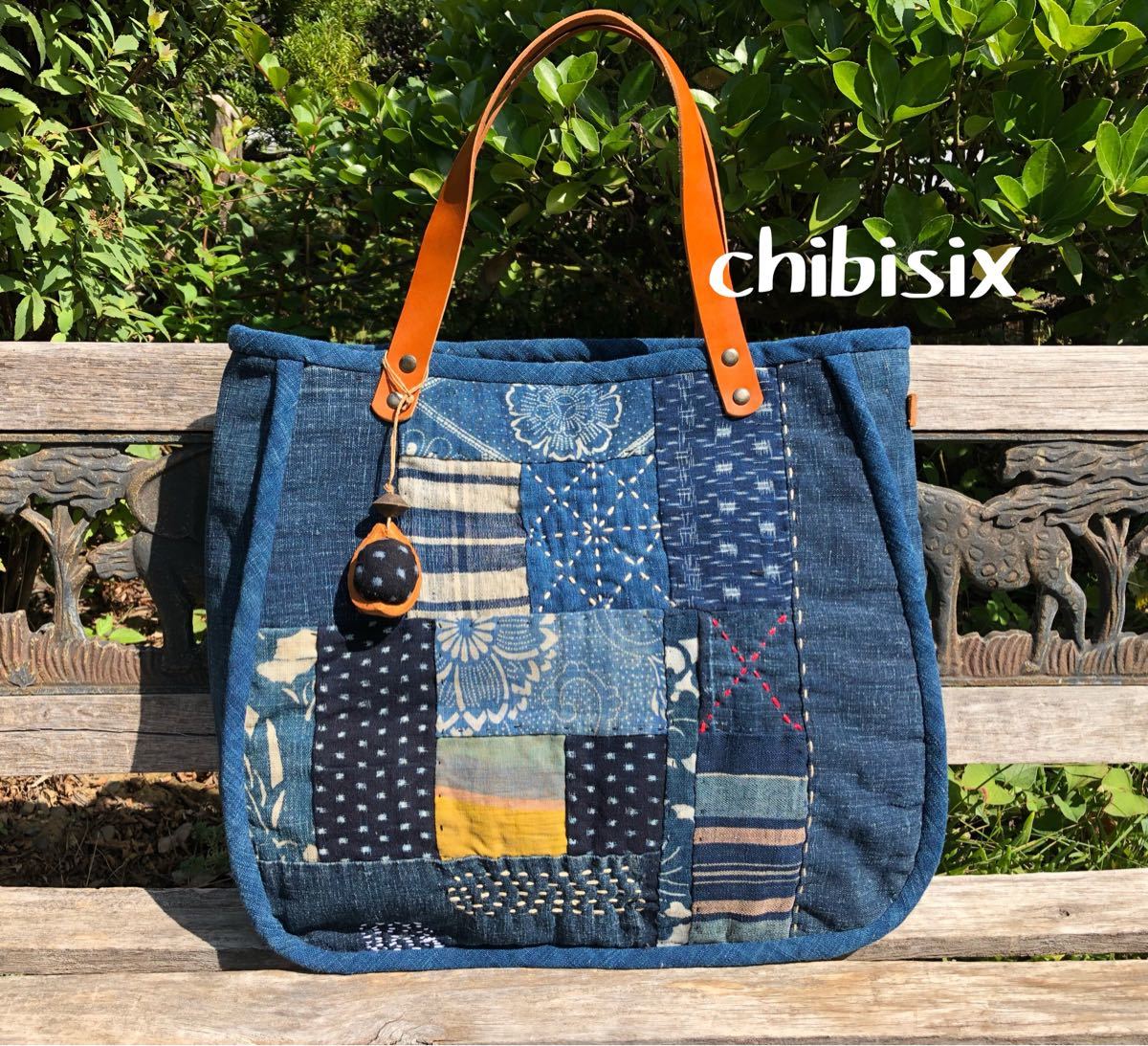 chibisixハンドメイド 古布 バッグ 型染め 絣 藍染め リメイク 革