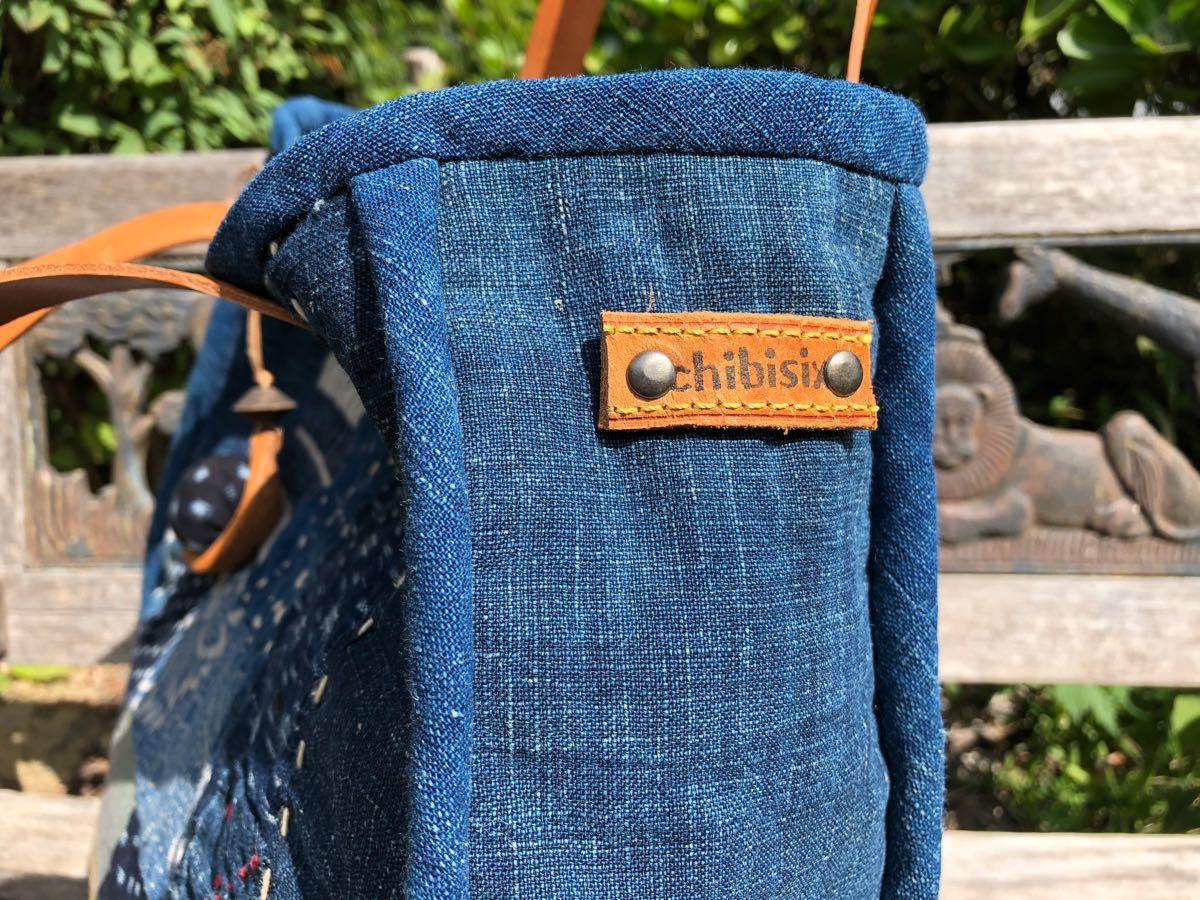 chibisixハンドメイド 古布 バッグ 型染め 絣 藍染め リメイク 革