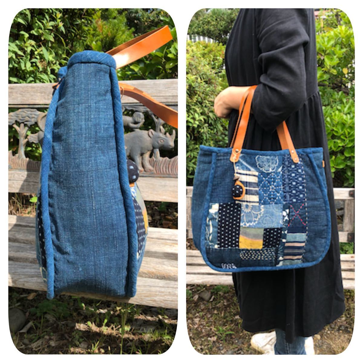 chibisixハンドメイド 古布 バッグ 型染め 絣 藍染め リメイク 革