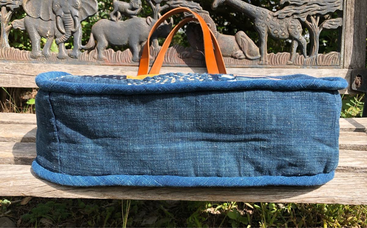 chibisixハンドメイド 古布 バッグ 型染め 絣 藍染め リメイク 革