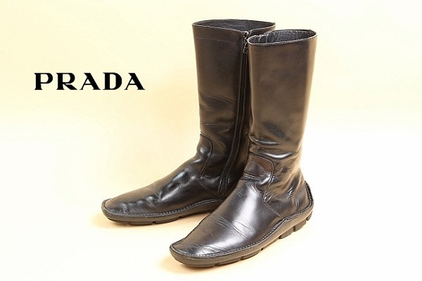 PRADA ブーツ サイドジップ レースアップ レザー ブラック 37 ◇PRADA/プラダ レザー サイドジップ ミドル丈 ブーツ ブラック 37