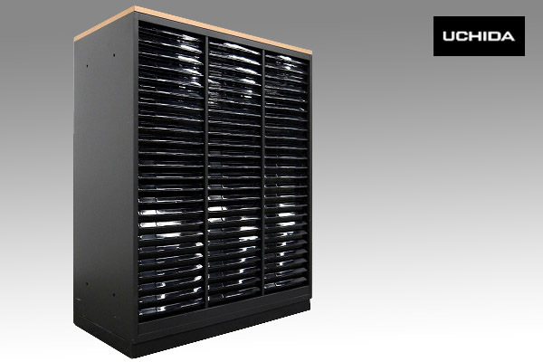 驚きの破格値，低価 UCHIDA/ウチダ ブラック/木目天板/モダン 3列24段/浅型 レターケース/クリスタルキャビネット/書類収納庫 スモークトレー 引き出し(キャビネ)｜売買されたオークション情報、yahooの商品情報を キャビネ