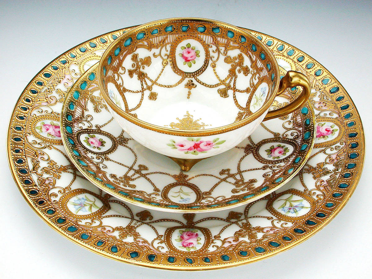 爆買い，お得 オールドノリタケ大銘品 オールドノリタケ 金盛上蒼玉華装飾紋四脚 キャビネットトリオ(オールドノリタケ)｜売買されたオークション情報、yahooの商品情報をアーカイブ公開 - オークファン オールドノリタケ