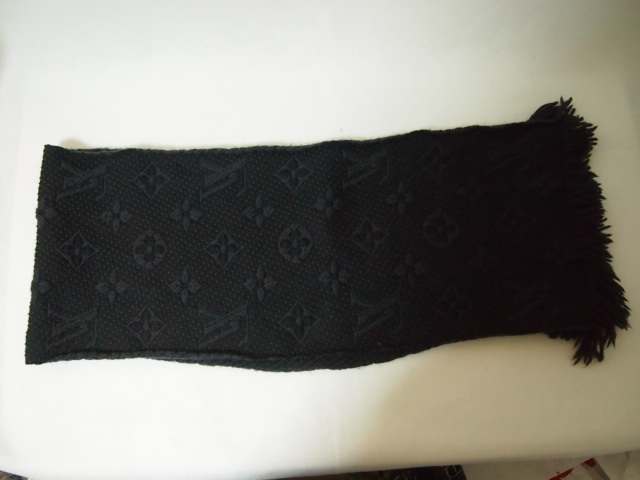 正規　ルイヴィトン　モノグラム　ロングマフラー　グレー×ブラック　伊製