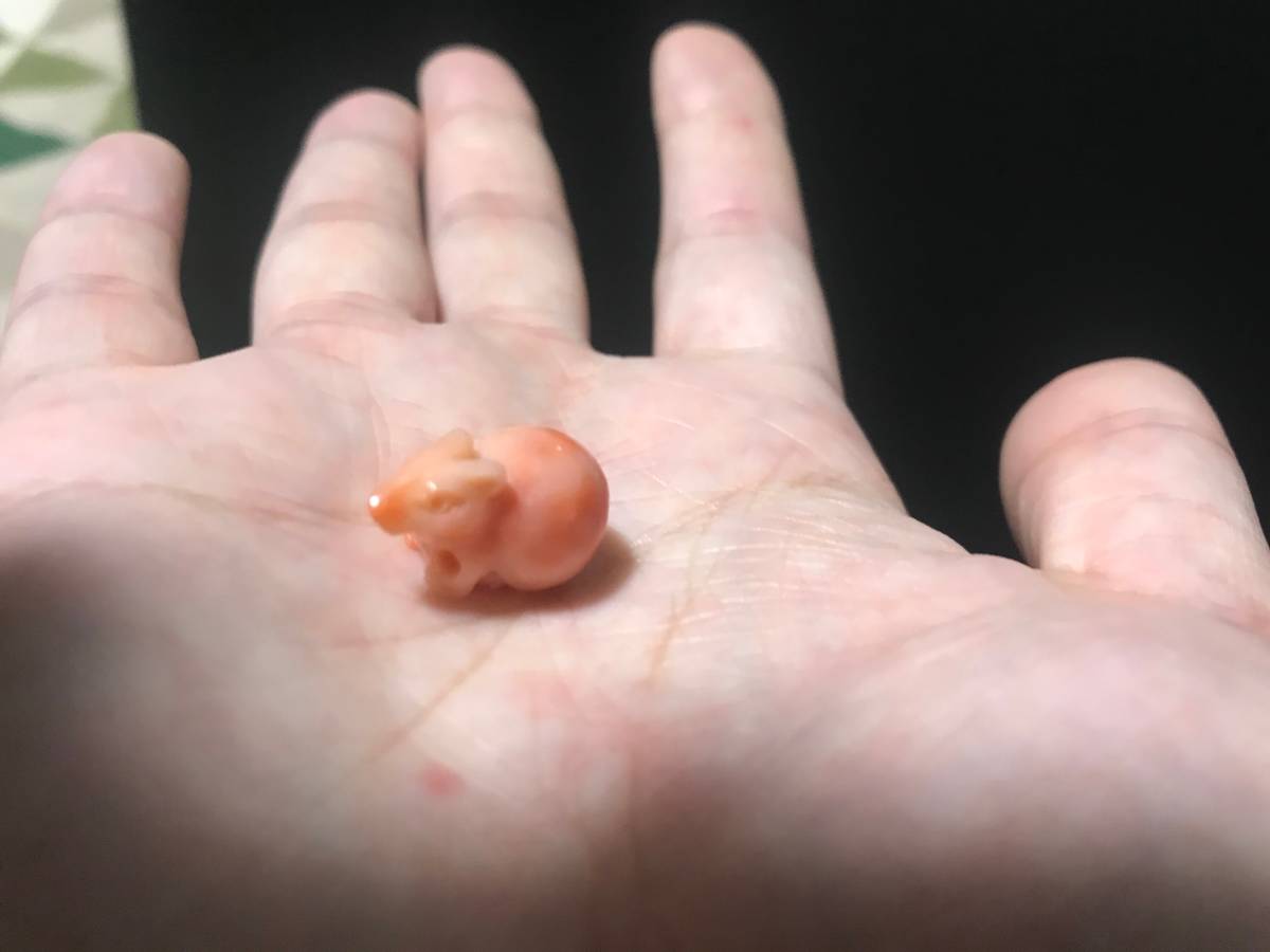 天然本珊瑚 根付 鼠 子 ネズミ ねずみ 彫刻 サンゴ 検）象牙