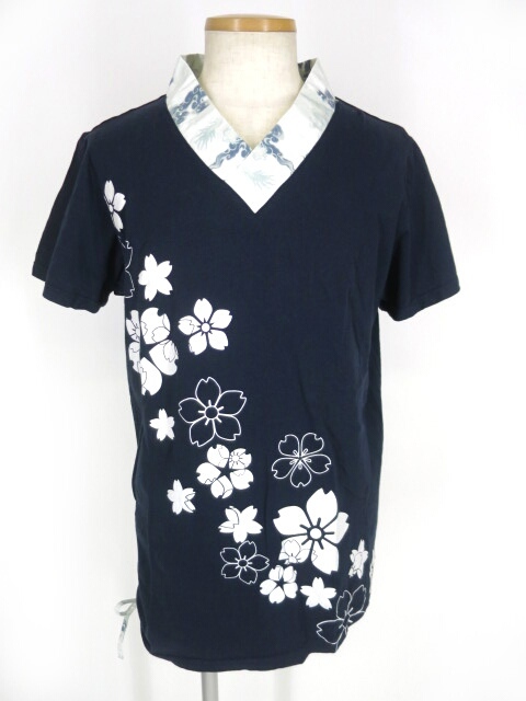 gouk侍 ドラゴン和柄Vネック桜プリントTシャツ / ゴウク メンズ [B17748]