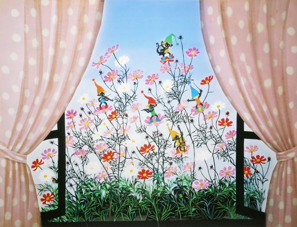 WISH】藤城清治「コスモスとこびと」 大作 複製画 〇影絵作家、文化庁