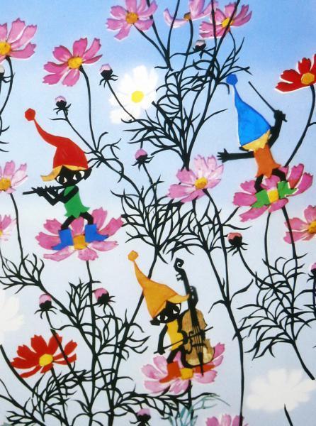 WISH】藤城清治「コスモスとこびと」 大作 複製画 〇影絵作家、文化庁
