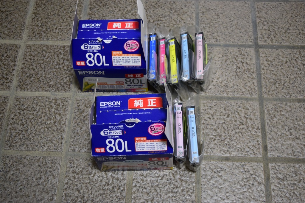 【送料込み】EPSON 純正インクカートリッジ IC6CL80LのうちICY80L，ICC80L，ICM80L，ICLM80L×2，ICLC80L×2