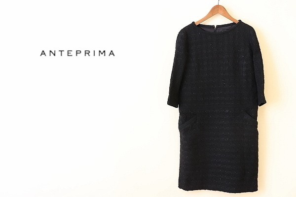 【全品1000円スタート】ANTEPRIMA アンテプリマ◆総柄 七分袖 丸首 スパンコール装飾 ワンピース◆ブラック◆size 40