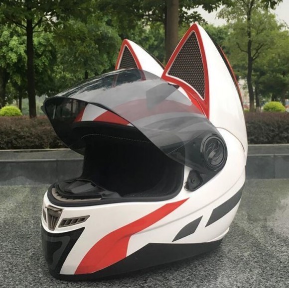 カラー 赤色ライン フルフェイスヘルメット猫耳付き 可愛い猫耳 バイクヘルメット Ioykr M がよい