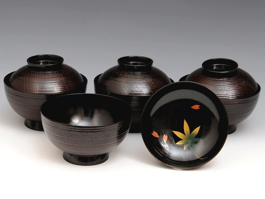 値下げ輪島塗　小吸物碗　五客　共箱　美品 流】輪島塗 五島屋謹製 小吸物椀五客 共箱 CS885
