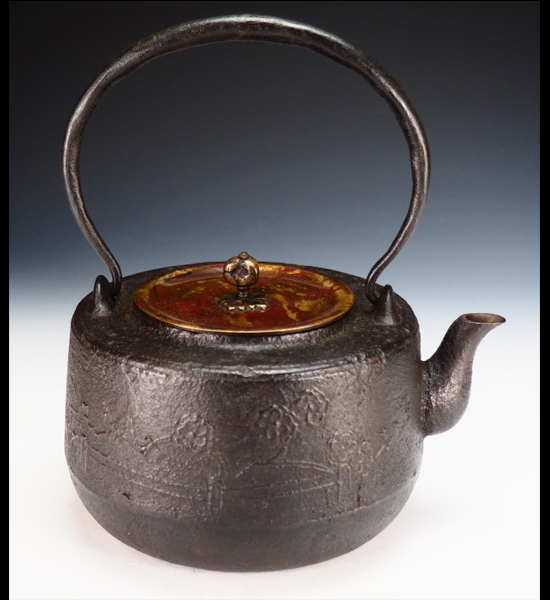 骨董品0036】煎茶道具 泰山堂造 斑紫銅蓋 鉄瓶 在銘 / 中国 唐物 古玩