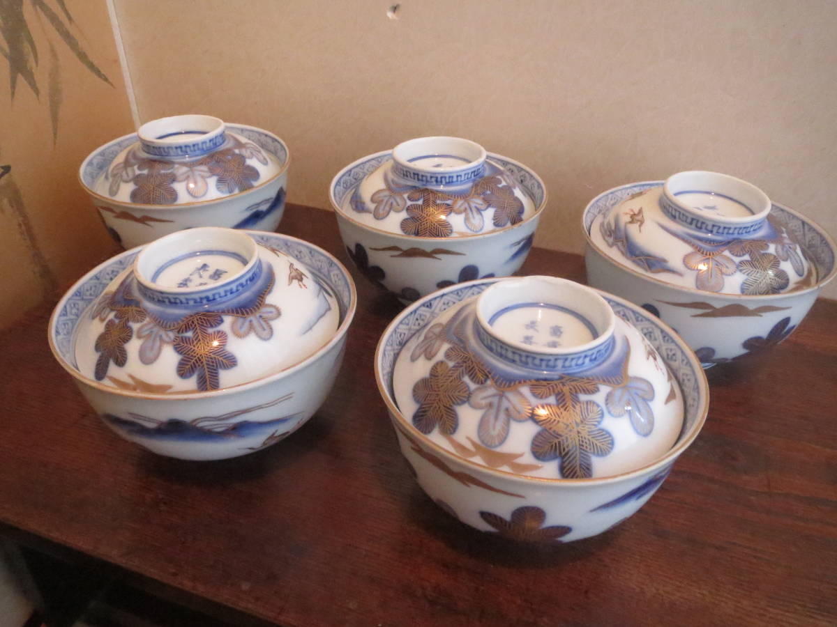 【お買い得，爆買い】 富貴長春 蓋のある茶碗五客セット 素敵な絵付け 時代がある素晴らしさ(染付)｜売買されたオークション情報、yahooの商品情報をアーカイブ公開 - オークファン 伊万里、有田