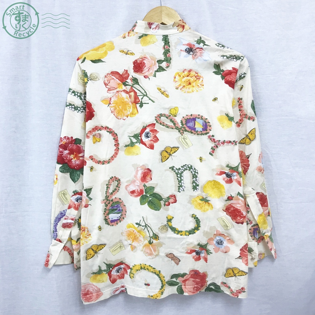 No.196 美品1000円スタート★GUCCI グッチ イタリア製 バンドカラーシャツ プルオーバー 総柄 花柄 S