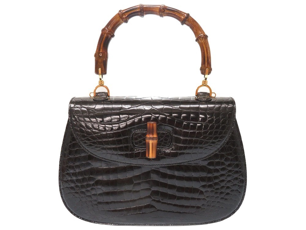 新品同様 グッチ クロコダイル バンブー ブラック ゴールド金具 ハンドバッグ バッグ 黒 0112 GUCCI クロコ