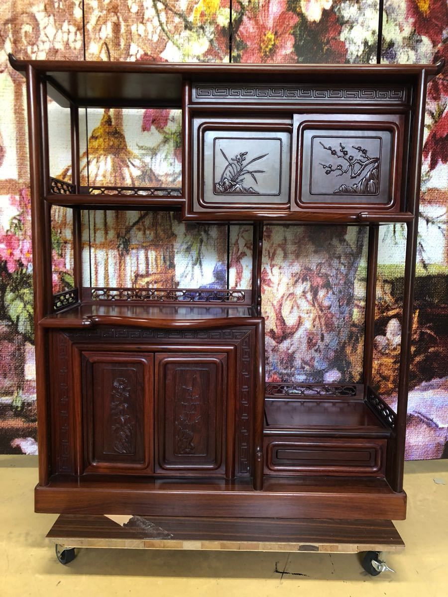 ◇紫檀 高級 飾り棚 茶箪笥 和家具 彫刻 中古◇ 棚、キャビネット