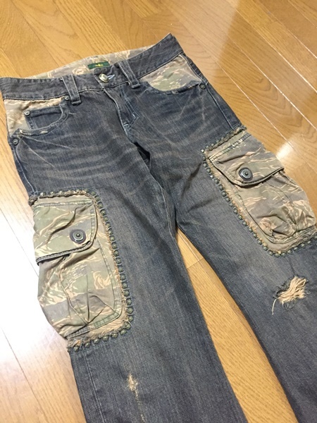 人気☆【Obelisk】カモフラ切替 サイドジップ スタッズデニムパンツ 28 