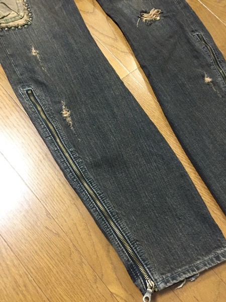 人気☆【Obelisk】カモフラ切替 サイドジップ スタッズデニムパンツ 28 