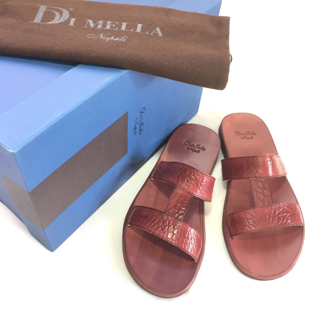 定価￥3.4万【ナポリの銘品★DI MELLA 高級レザーサンダル】新品 パティーヌ クロコ ブラウン 7 25cm