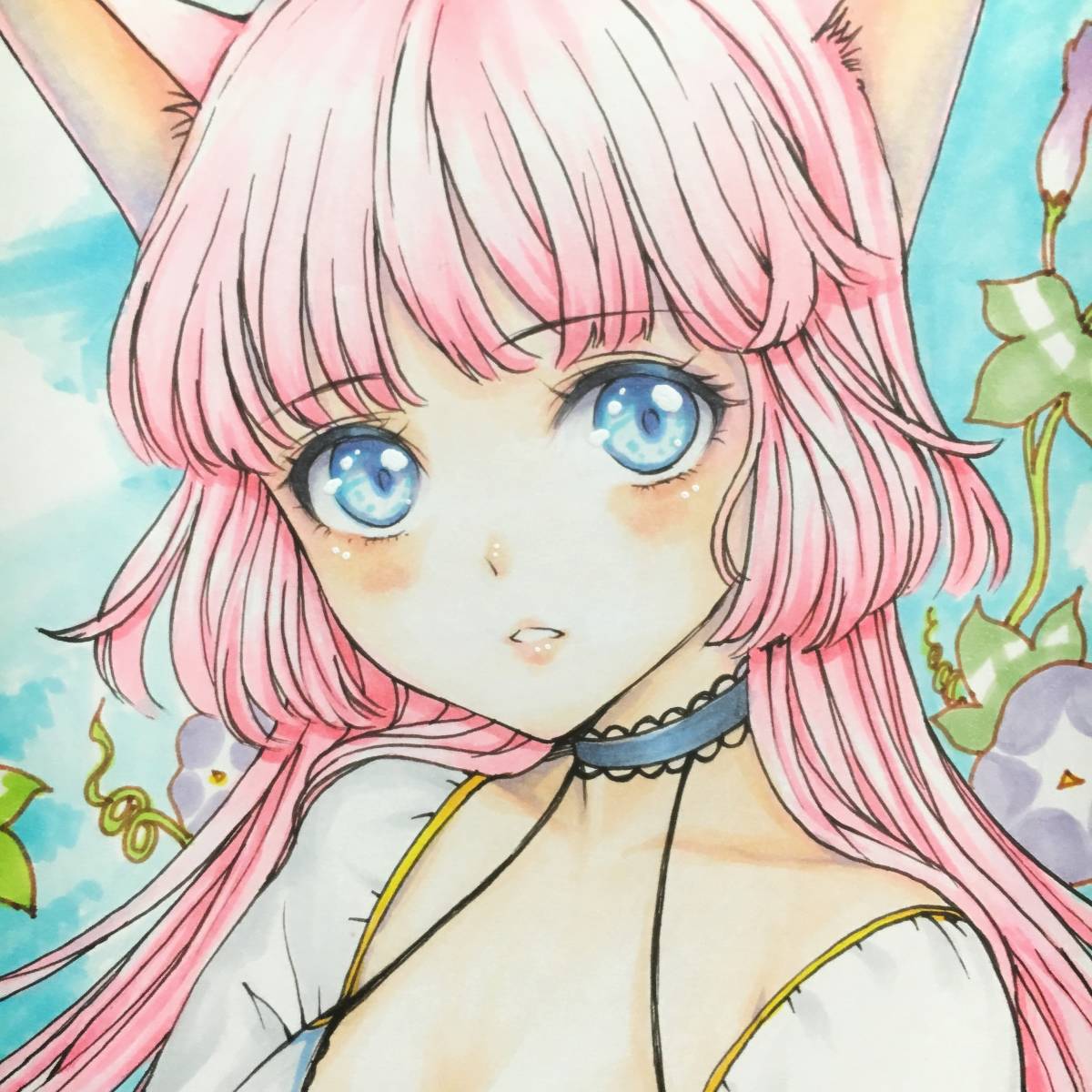 h*☆様 手描きイラスト.オリジナル.ピンク猫娘.アナログ.小色紙 イラスト手描き☆猫娘☆オリジナル作品【A4】ミコッテ(手描きイラスト