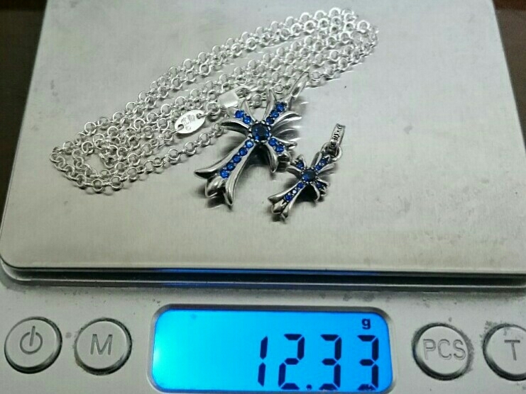 重さ12.33g 正規 クロムハーツ タイニーファットクロスチャーム ベビーファットクロスチャーム サファイア ロールチェーンネックレス 45cm クロムハーツ パヴェダイヤ タイニー FAT TINY ファットの通販