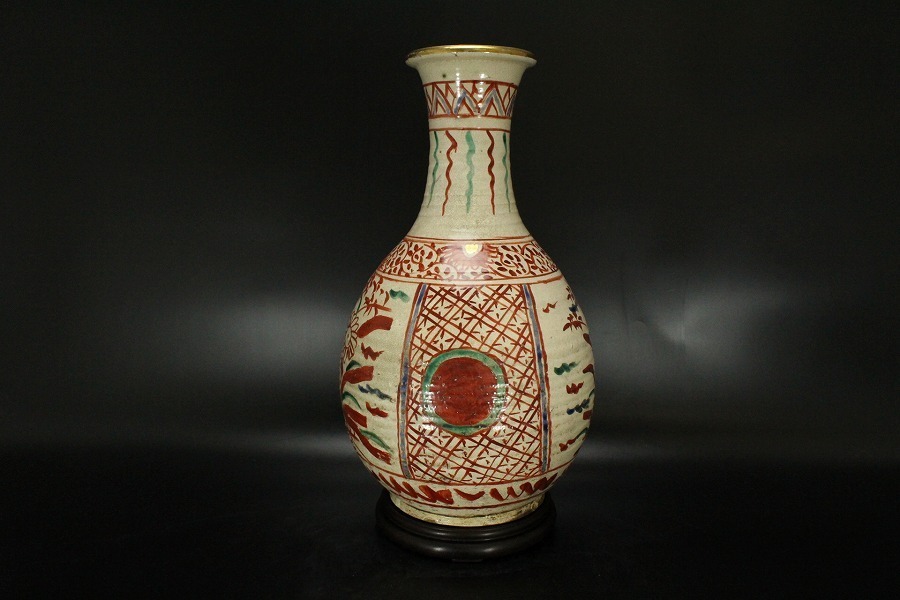 銀閣】木米 在銘 赤絵 金彩 花草紋 瓶 36cm 共箱 唐木台付 唐物写 旧家