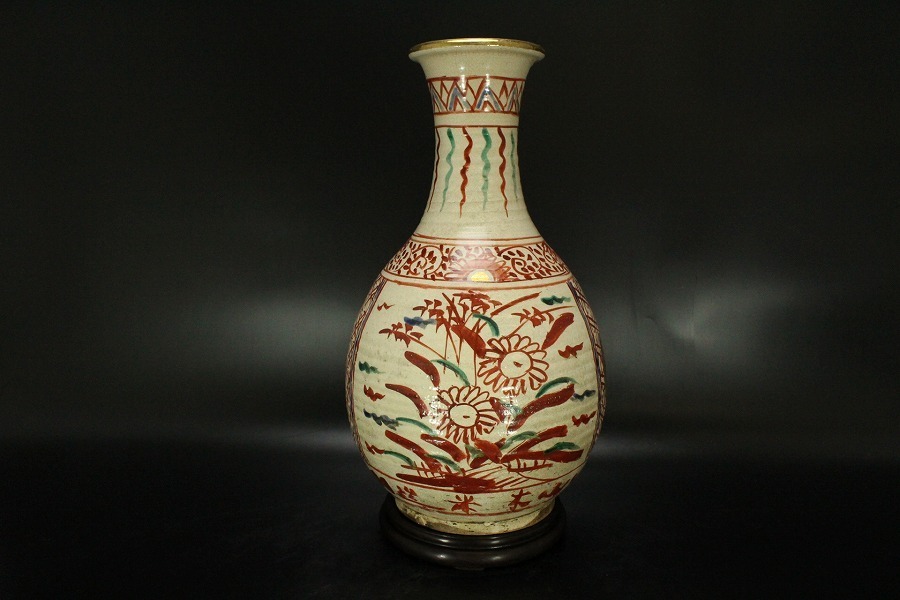 銀閣】木米 在銘 赤絵 金彩 花草紋 瓶 36cm 共箱 唐木台付 唐物写 旧家