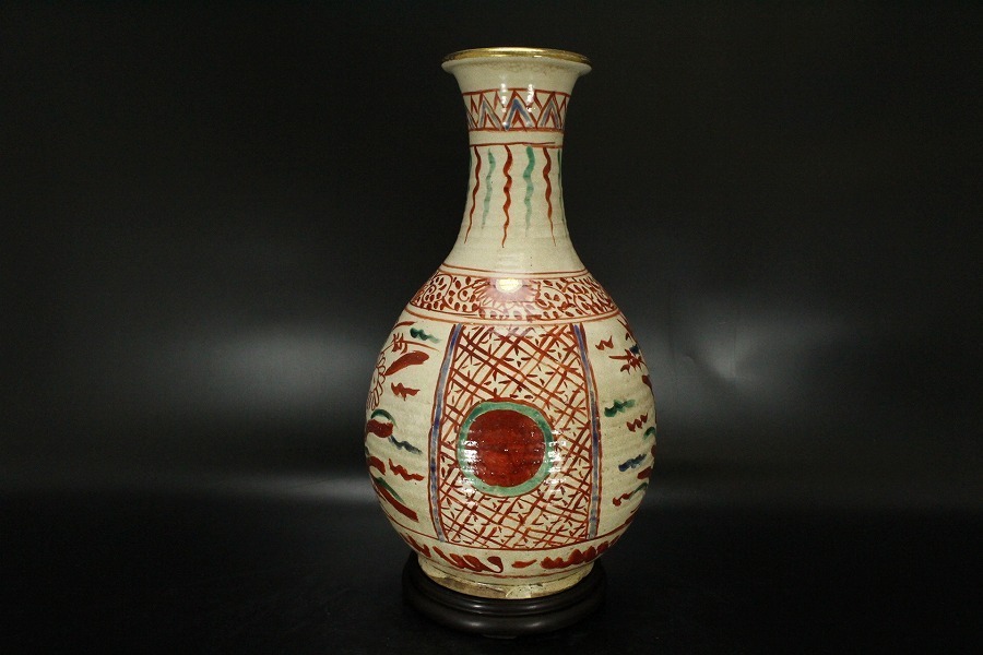 銀閣】木米 在銘 赤絵 金彩 花草紋 瓶 36cm 共箱 唐木台付 唐物写 旧家