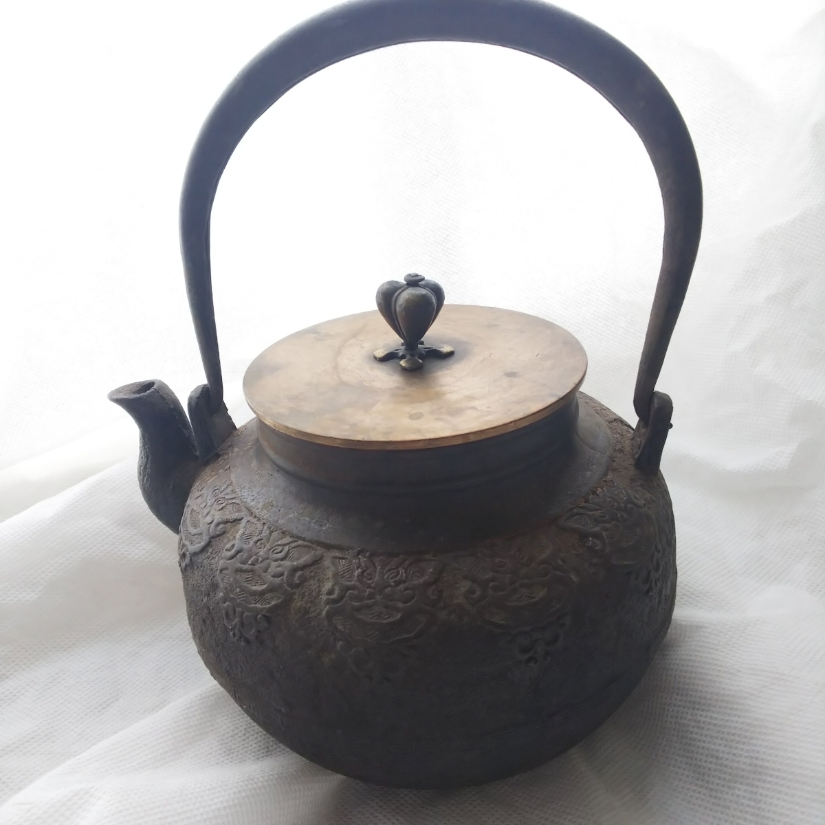 WSW013 【1000円～】金祥堂名人 花押唐銅蓋 獣耳鉄瓶 茶道具/安之介