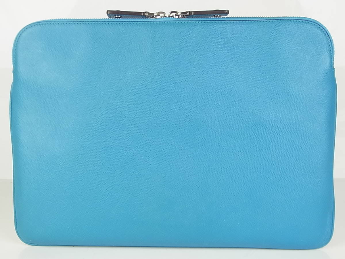 1円 MCM メンズ可 大型 W36×H25cm ロゴ オール レザー Wファスナー クラッチ セカンド バッグ 男女兼用 ユニセックス ブルー 7598k