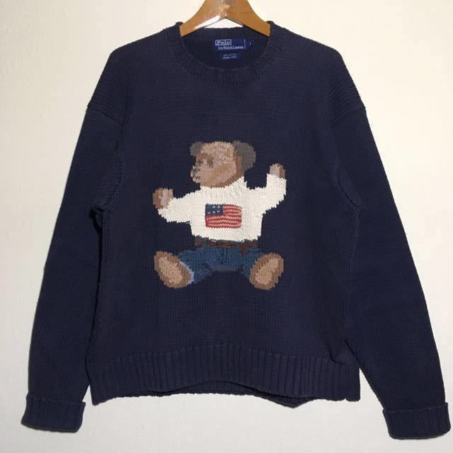 90s POLO BEAR 紺〈L〉セーター Ralph Lauren 星条旗 ◇ ポロベア