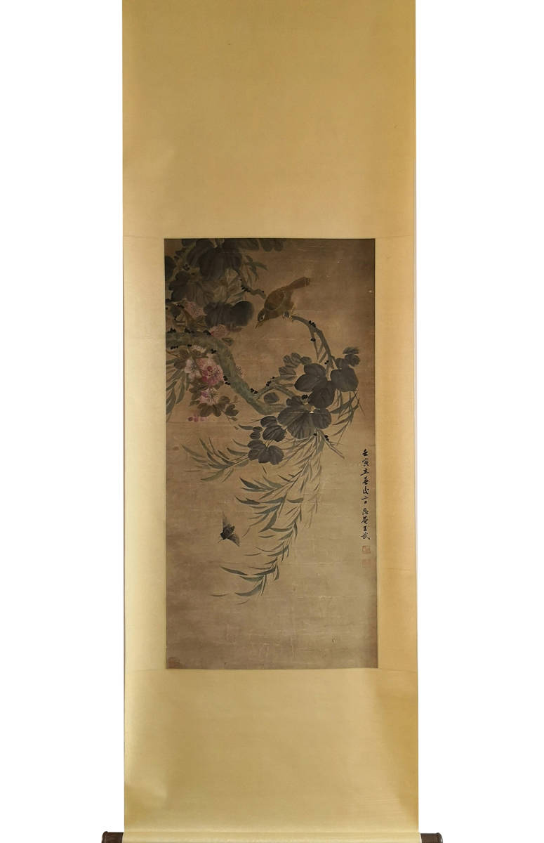 真作】『王武・花鳥図』肉筆紙本保証 掛け軸 書画立軸 中国美術48x98cm 