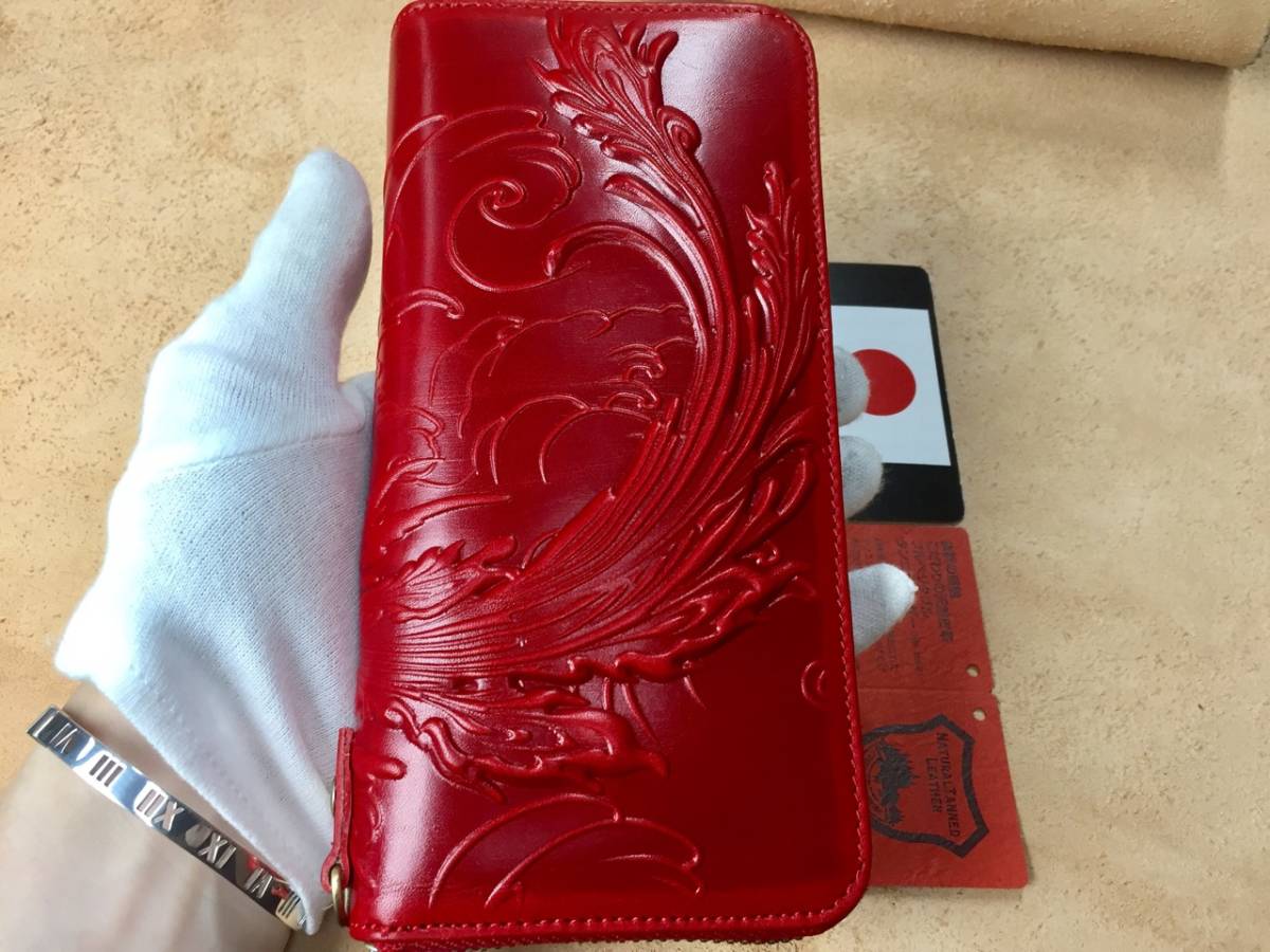 闘牛 革工房 栃木レザー 和柄 ハンドメイド ラウンド長財布  