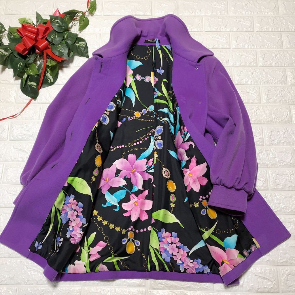 ★レオナール/美品!クリーニング済/カシミヤ100%/花柄 シルク★LEONARD ステンカラー コート パープル XL~ 大きいサイズ レディース