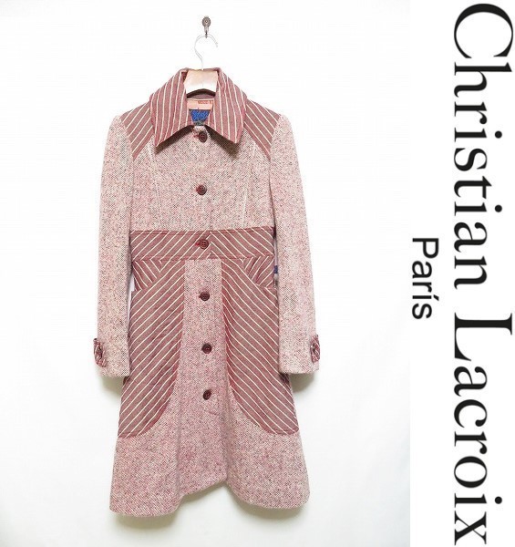  107FO/ CHRISTIAN LACROIX ロングコート ジャケット ツイード 生地切替 ストライプ ヘリンボーン柄 総裏 リネン混 ウール 38 M 赤(クリスチャンラクロワ)｜売買されたオークション情報、yahooの商品情 クリスチャンラクロワ