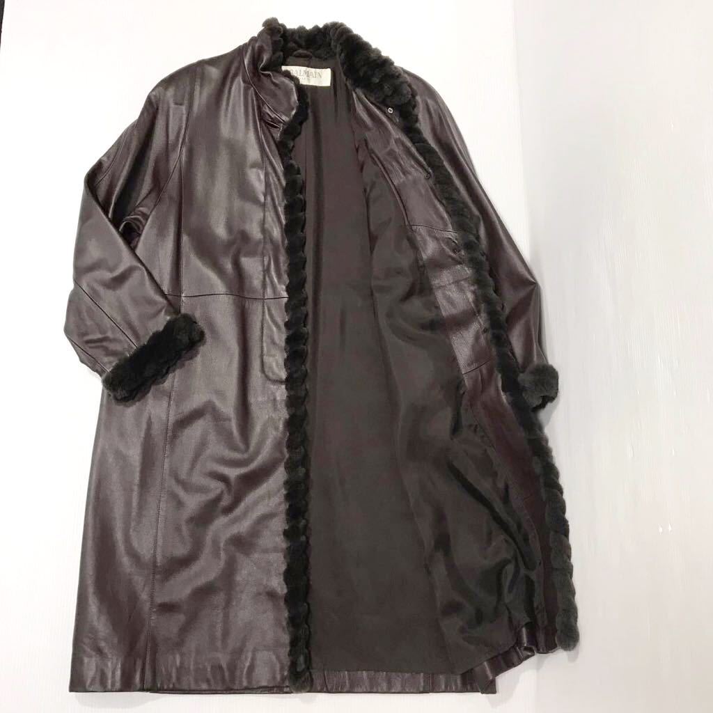 高級 BALMAIN ロングレザーコート ラムレザー ベルト付き Aライン