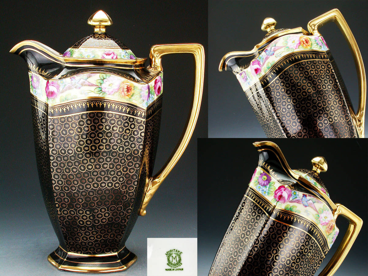 オールドノリタケ大銘品!! オールドノリタケ・金彩黒地小紋花鳥紋 ラージポット