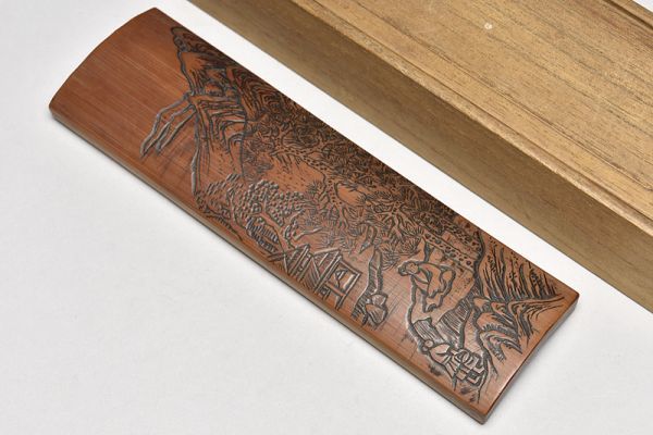 古竹彫 山水家屋人物文 茶合 箱付 】 煎茶道具 竹工芸 茶器 茶量 仙媒